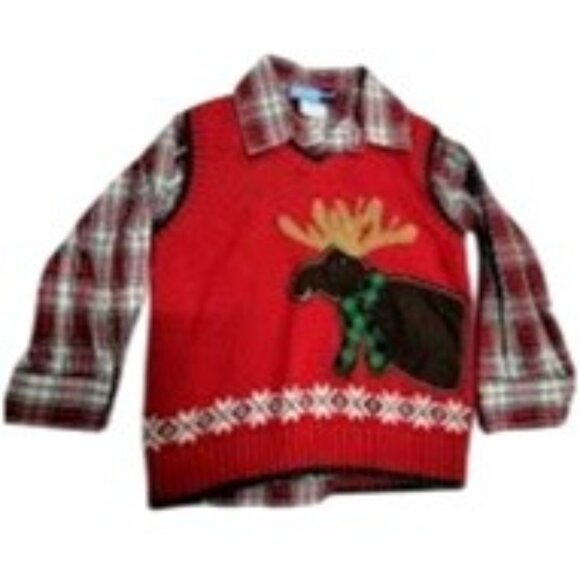 Good Lad Christmas Sweatervest with plaid shirt (3T) - Moose in scarf on sweater - Picture 3 of 5